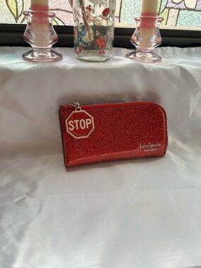 Kate Spade New York Detour Red Glitter Patent Leather Small Slim Bifold Wallet